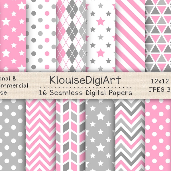 Seamless Pink, Gray and White Digital Printable Papers with Polka Dots, Stars, Stripes