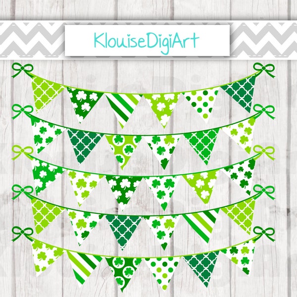 Dark and Light Green Irish St Patrick's Day Shamrocks Digital Bunting Flags Clipart