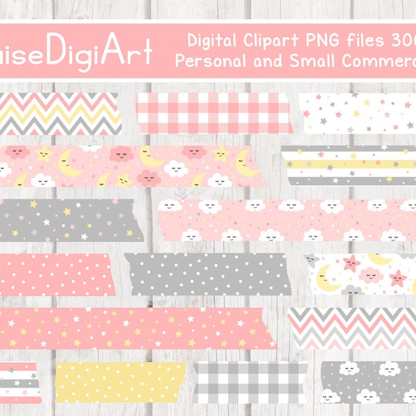 Moon, Stars and Clouds Digital Washi Tape Clipart in Coral, Yellow and Gray