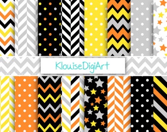 Halloween Yellow, Black, Gray and Orange Digital Printable Papers with Stars, Chevrons, Herringbone