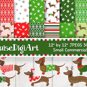 Christmas Festive Dog Dachshund Digital Printable Papers and Clipart in Green and Red