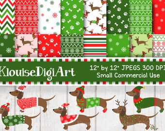 Puede incluir: Paquete de papel digital con 12 patrones navideños con temática de dachshund con suéteres y gorros de elfo. Los patrones son en rojo, verde y blanco. El texto "Klouise DigiArt" y "12 by 12 JPEGS 300 DPI Small Commercial Use" está en la parte superior de la imagen.