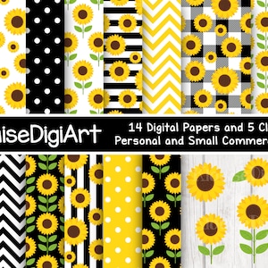 May include: A set of 14 digital papers and 5 clipart featuring sunflowers in various patterns, including polka dots, stripes, chevron, and gingham. The papers are in black, white, and yellow. The clipart features sunflowers on a white wood background. The text "KlouiseDigiArt 14 Digital Papers and 5 Clipart Personal and Small Commercial Use" is at the top of the image.