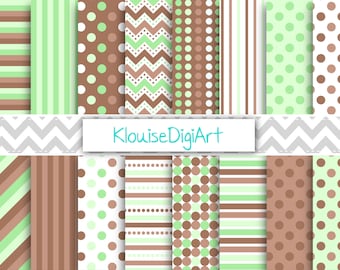 Mint Green and Dark Brown Digital Scrapbooking Papers with Stripes, Chevrons and Polka Dots