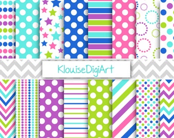 Polka Dot, Chevrons and Stripes Digital Papers in Blue, Green, Pink and Purple