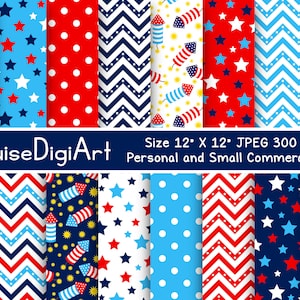 July 4th Independence Day Digital Printable Papers in Red, White and Bright Blue