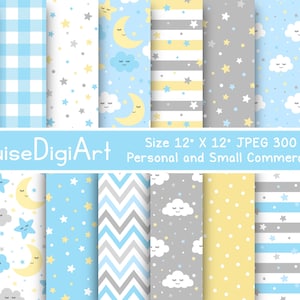 Puede incluir: Un conjunto de 12 patrones de papel digital en azul, amarillo, gris y blanco con estrellas, nubes y patrones de chevron. Los papeles miden 30,5 cm por 30,5 cm y 300 DPI.