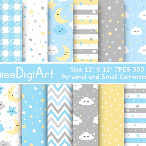 Moon, Stars and Clouds Digital Printable Papers in Blue, Yellow and Gray