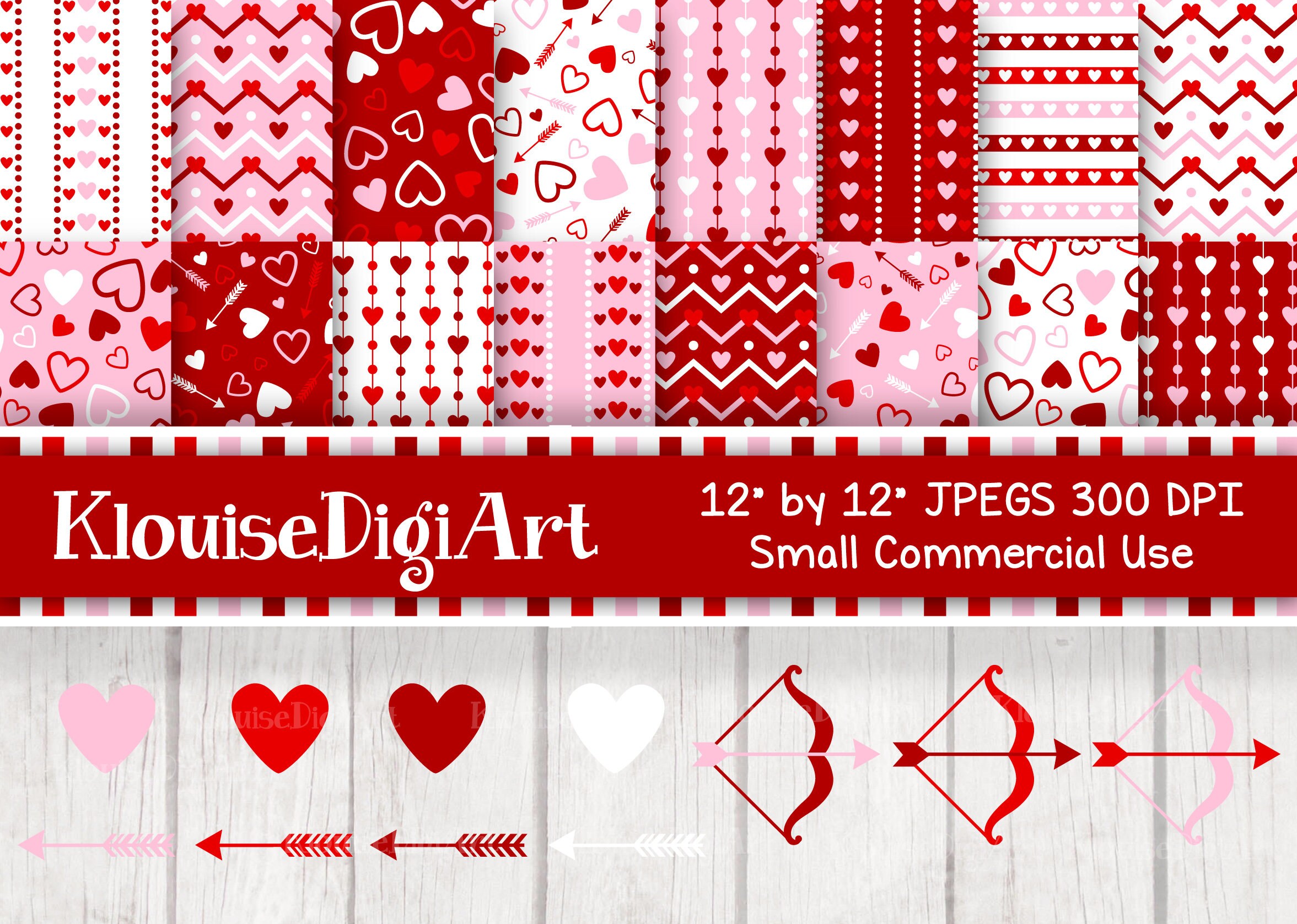 Valentine Hearts Digital Printable Papers and Clipart in Red, Pink and ...