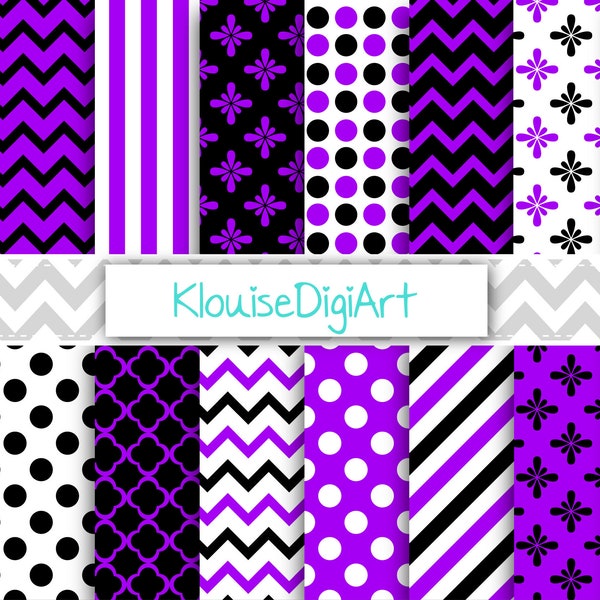 Black and Purple Digital Printable Papers with Chevrons, Stripes, Polka Dots