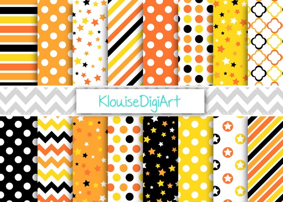 Halloween Yellow, Black and Orange Digital Printable Papers with Polka Dots, Stars, Stripes