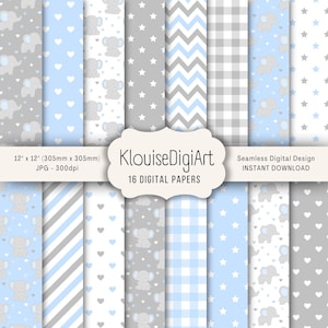 Puede incluir: Una colección de 16 papeles digitales con varios patrones en azul, gris y blanco. Los diseños incluyen elefantes, corazones, estrellas, rayas y cuadros. Cada papel mide 305 mm x 305 mm. El texto "KlouiseDigiArt" y "Seamless Digital Design" son visibles.