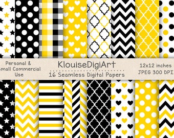 Seamless Yellow, Black and White Digital Printable Papers with Polka Dots, Chevron, Quatrefoil, Stripes