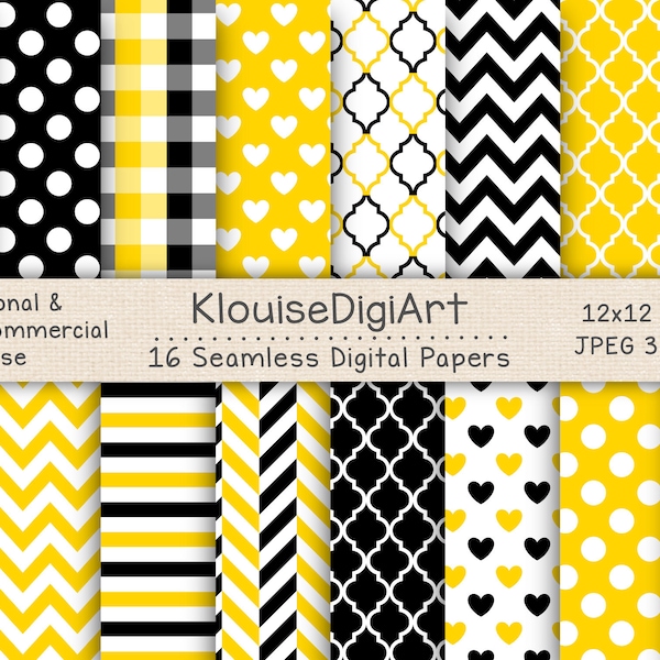 Seamless Yellow, Black and White Digital Printable Papers with Polka Dots, Chevron, Quatrefoil, Stripes