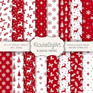 Seamless Red Winter Digital Printable Papers with Reindeers, Trees, Holly