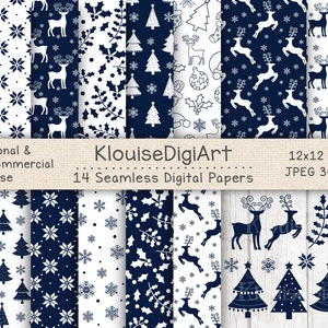 Seamless Christmas Winter Reindeer Digital Printable Papers in Navy Blue with Clipart