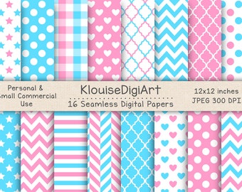 Seamless Bright Blue, Pink and White Digital Printable Papers with Polka Dots, Chevron, Quatrefoil, Stripes