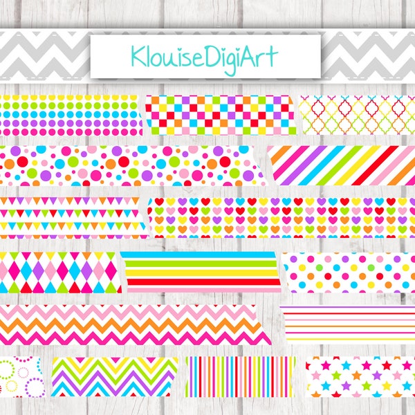 Regenbogen Digital druckbare Washi Tape Clipart mit Polka Dots, Chevron und Streifen