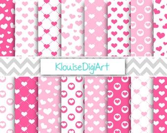 Baby Pink and Hot Pink Valentine's Day Digital Printable Papers with Hearts