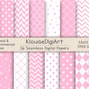 Seamless Baby Pink and White Digital Printable Papers with Polka Dots, Chevron, Stripes