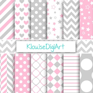 Babyroze en lichtgrijs digitaal afdrukbaar papier met stippen, sterren, punthaken en visgraat