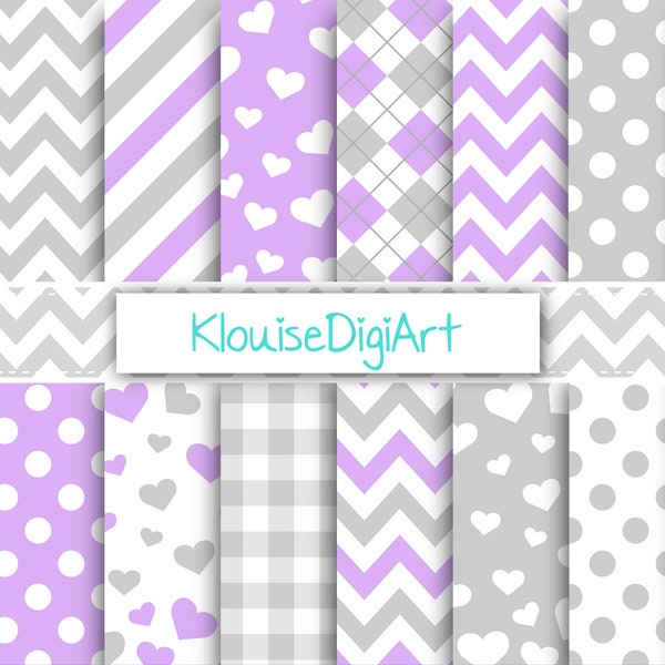 Purple and Gray Digital Printable Papers with Chevrons, Hearts, Gingham