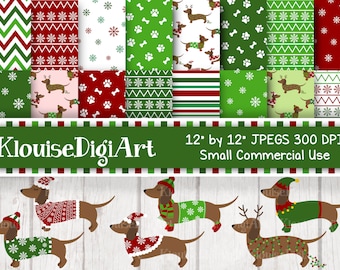 Christmas Festive Dog Dachshund Digital Printable Papers and Clipart in Green and Red