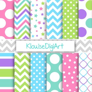 May include: A set of 16 digital paper patterns in a variety of colors and designs, including polka dots, stripes, chevron, and stars. The text "KlouiseDigiArt" is included in the image.