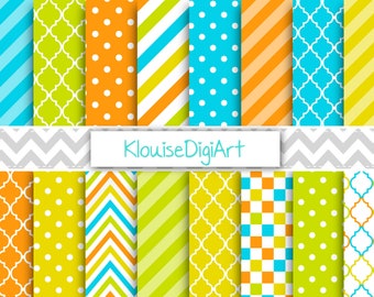 Blue, Green, Orange and Yellow Printable Digital Papers with Stripes, Quatrefoil, Chevrons, Polka Dots