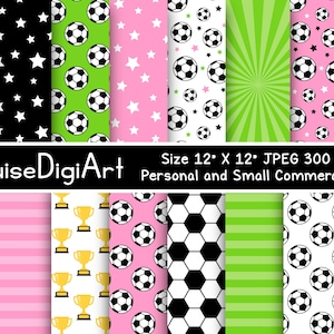 Padrões de papéis digitais esportivos de futebol em rosa claro, verde e preto