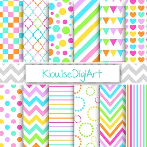 Rainbow Digital Papers in Pink, Blue, Yellow, Green with Quatrefoil, Chevrons, Polka Dots, Checks, Flags