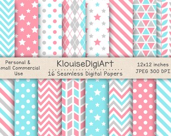 Seamless Coral Pink, Gray, Blue and White Digital Printable Papers with Polka Dots, Stars, Stripes