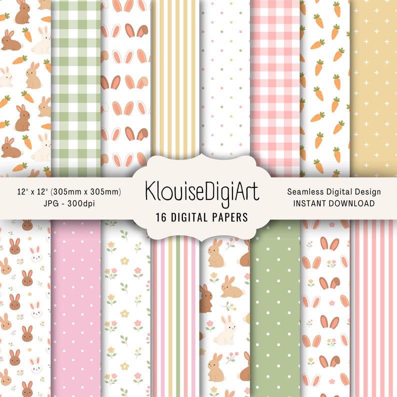 Spring Bunny Digital Paper Pack, Easter Pastel Scrapbook Patterns ...
