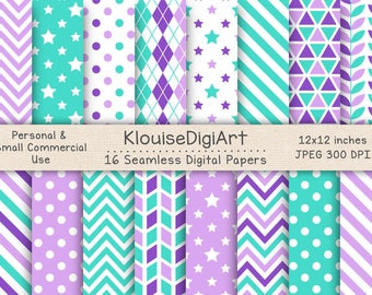 Seamless Turquoise Blue, Purple and White Digital Printable Papers with Polka Dots, Stars, Stripes