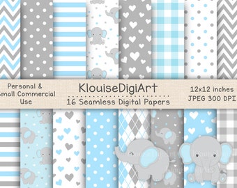 Seamless Elephant Blue and Gray Digital Printable Papers with Elephant Clipart