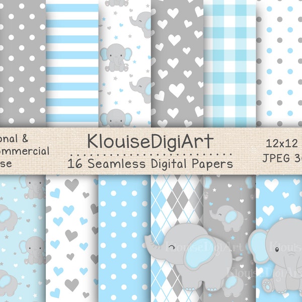Seamless Elephant Blue and Gray Digital Printable Papers with Elephant Clipart