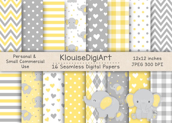 Seamless Elephant Yellow and Gray Digital Printable Papers | Etsy