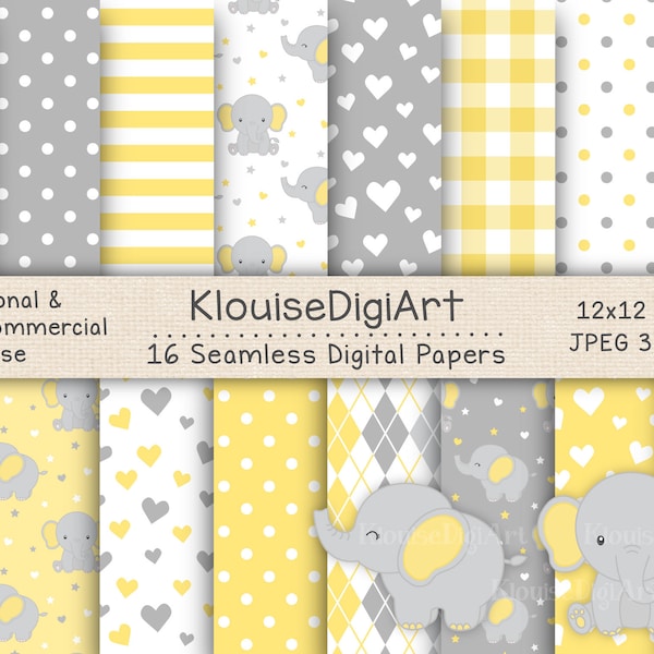 Seamless Elephant Yellow and Gray Digital Printable Papers with Elephant Clipart