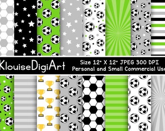 May include: A set of 12 digital papers featuring soccer ball patterns in black, white, and green. The papers are 12 inches by 12 inches and 300 DPI.  The patterns include soccer balls, stars, stripes, and a soccer ball pattern with a hexagon background.