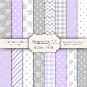 May include: A collection of 16 digital papers with various patterns, including elephants, hearts, stars, and chevron stripes. The papers are in shades of lavender, gray, and white. Each paper measures 12 x 12 inches (305mm x 305mm). The text "KlouiseDigiArt" is displayed.