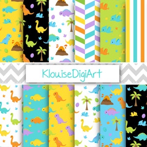 Cute Dinosaur Printable Digital Papers, Blue, Green, Yellow, Orange, Purple