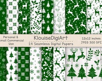 Seamless Christmas Winter Reindeer Digital Printable Papers in Green with Clipart