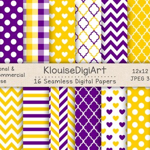 Seamless Purple, Gold and White Digital Printable Papers with Polka Dots, Chevron, Quatrefoil, Stripes