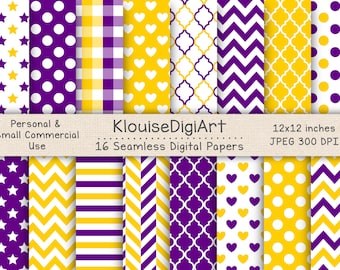 Seamless Purple, Gold and White Digital Printable Papers with Polka Dots, Chevron, Quatrefoil, Stripes