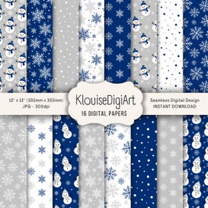 May include: A collection of 16 digital papers with winter-themed patterns. Designs include snowmen, snowflakes, and polka dots in shades of blue, white, and gray. Each paper measures 12 x 12 inches (305mm x 305mm).