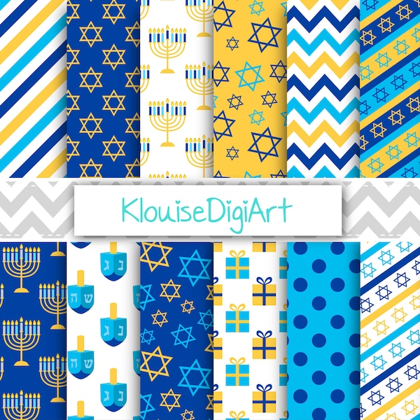 Gold and Blue Hanukkah Jewish Holiday Printable Digital Papers