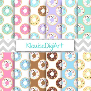 Può includere: Un set di 12 motivi di carta digitale con ciambelle con diverse glassature e codette colorate. I motivi sono su sfondo bianco e includono colori come rosa, blu, verde, viola, marrone e giallo.