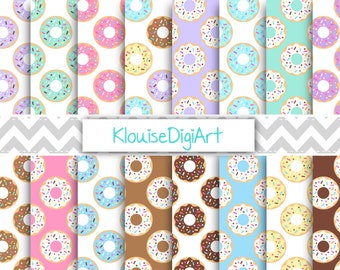 Donut Digital Printable Papers in Pink, Blue, Brown, Purple, Yellow, Green