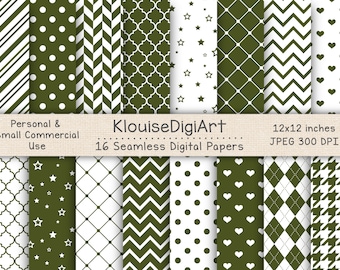 Seamless Army Green and White Digital Printable Papers with Polka Dots, Chevron, Stripes