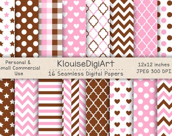 Seamless Brown, Pink and White Digital Printable Papers with Polka Dots, Chevron, Quatrefoil, Stripes